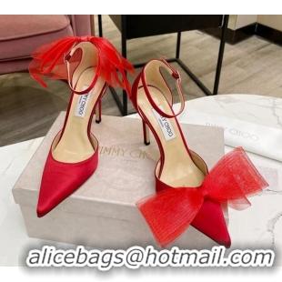 Charming Jimmy Choo Aveline Silk High Heel Pumpss with Large Mesh Bow Red 022866