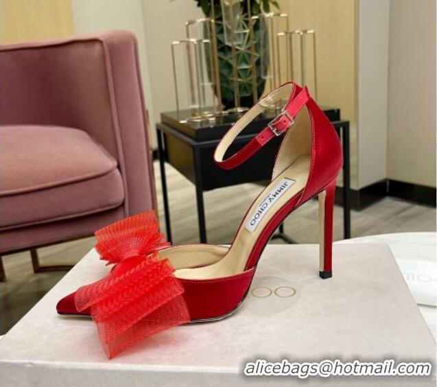 Charming Jimmy Choo Aveline Silk High Heel Pumpss with Large Mesh Bow Red 022866