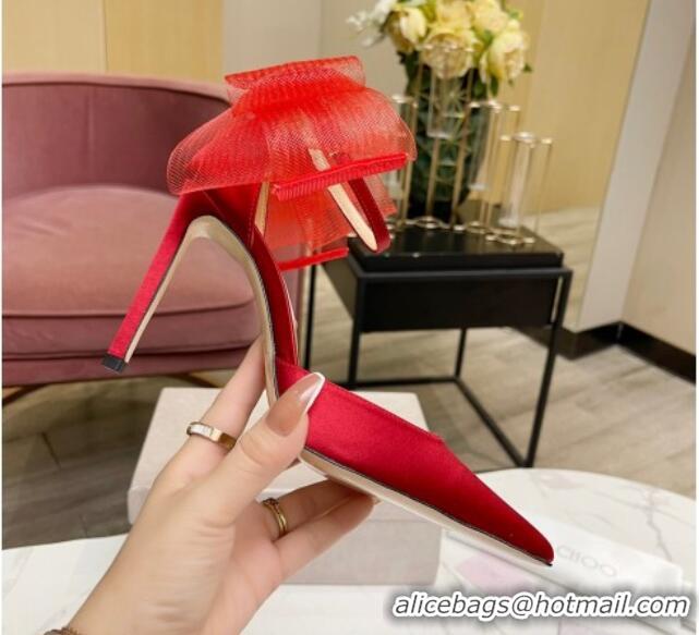 Charming Jimmy Choo Aveline Silk High Heel Pumpss with Large Mesh Bow Red 022866