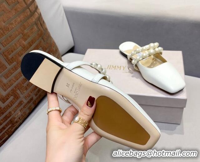 Purchase Jimmy Choo Amaya Flat Mules With Pearls 030339 White Calf Leather 