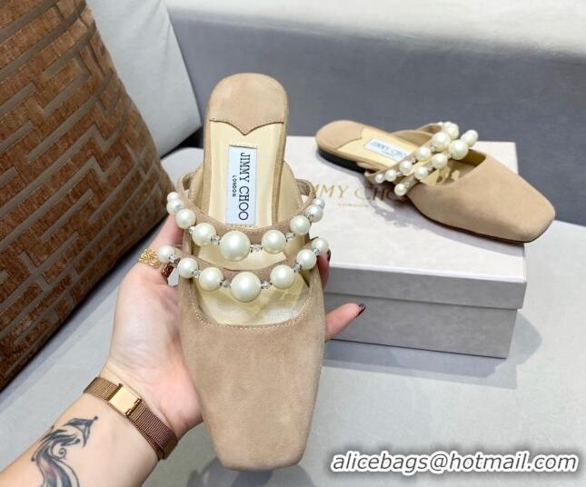 Durable Jimmy Choo Amaya Flat Mules With Pearls 030339 Beige Suede