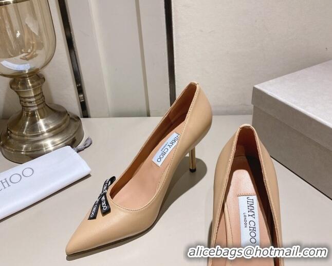 Low Price Jimmy Choo Romy Pumps 8.5cm in Nude Nappa Leather with Bow 407105