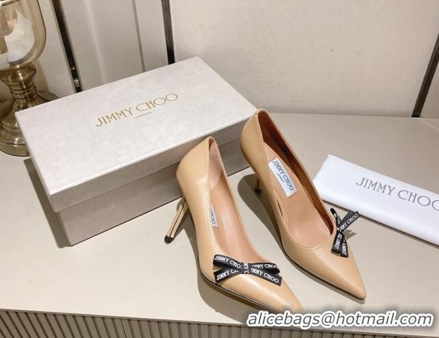 Low Price Jimmy Choo Romy Pumps 8.5cm in Nude Nappa Leather with Bow 407105