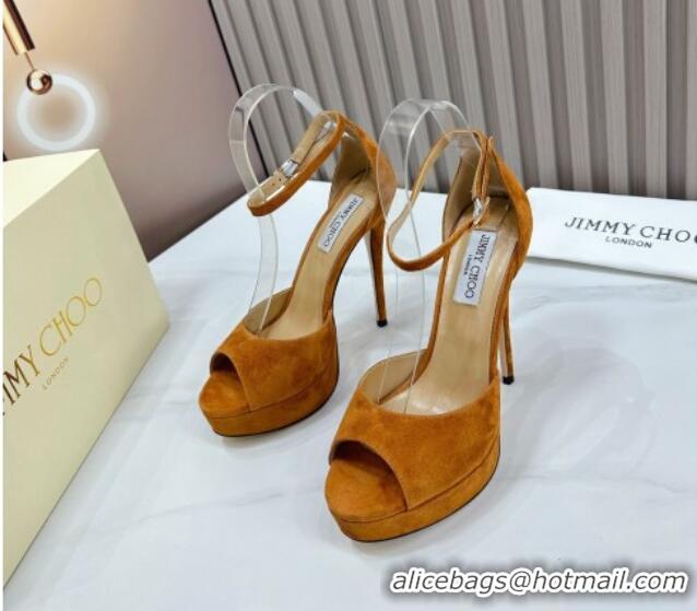 Trendy Design Jimmy Choo Max Suede High Heel Platform Sandals 13.5cm Brown 607101