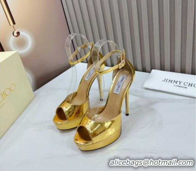 Luxury Discount Jimmy Choo Max Leather High Heel Platform Sandals 13.5cm Gold 607102