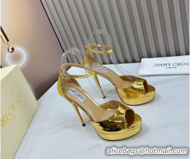 Luxury Discount Jimmy Choo Max Leather High Heel Platform Sandals 13.5cm Gold 607102