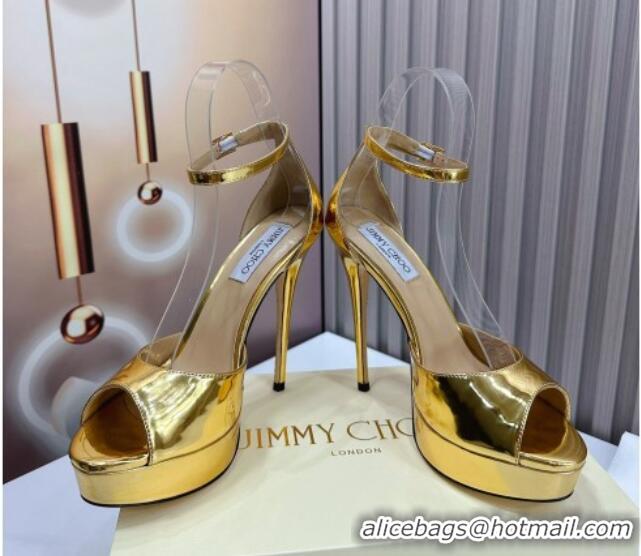 Luxury Discount Jimmy Choo Max Leather High Heel Platform Sandals 13.5cm Gold 607102