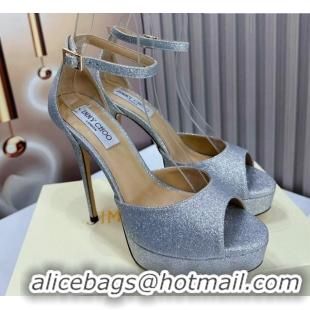 Luxury Jimmy Choo Max Glitter High Heel Platform Sandals 13.5cm Silver 607103