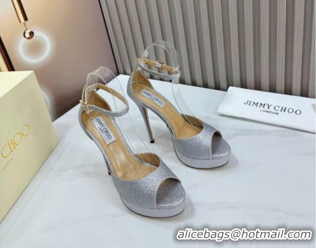 Luxury Jimmy Choo Max Glitter High Heel Platform Sandals 13.5cm Silver 607103