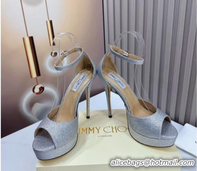 Luxury Jimmy Choo Max Glitter High Heel Platform Sandals 13.5cm Silver 607103