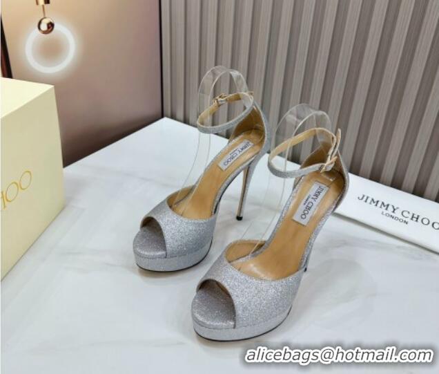 Luxury Jimmy Choo Max Glitter High Heel Platform Sandals 13.5cm Silver 607103