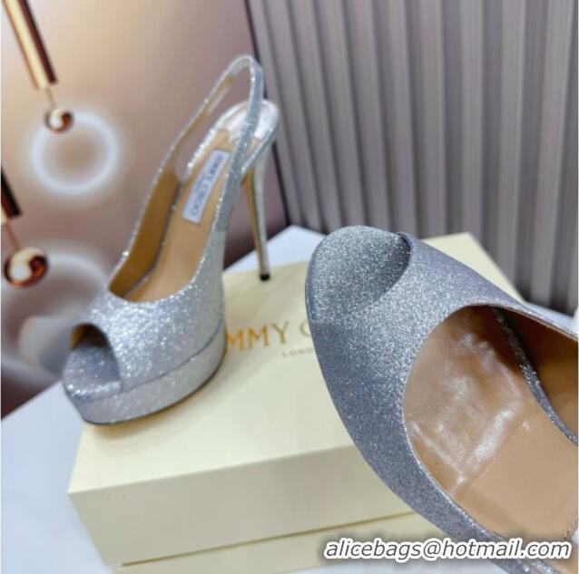 Original Cheap Jimmy Choo Glitter High Heel Platform Sandals 13.5cm Silver 607106