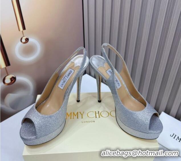 Original Cheap Jimmy Choo Glitter High Heel Platform Sandals 13.5cm Silver 607106