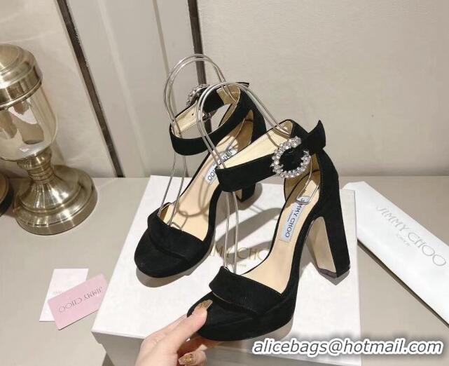 Popular Style Jimmy Choo Suede Platform Sandals 11cm with Crystal Buckle Black 704040