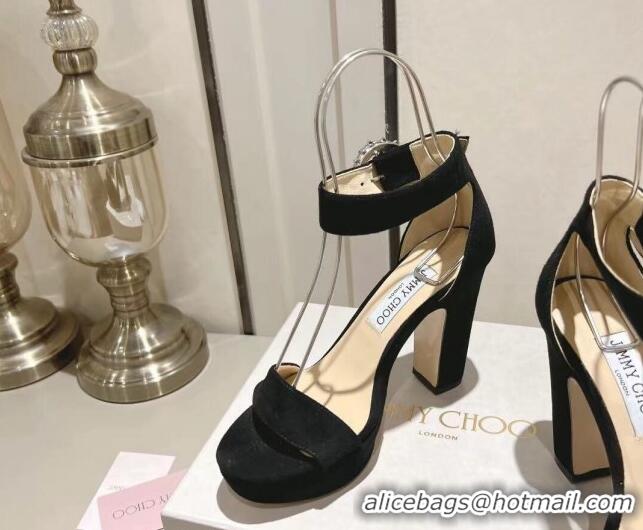 Popular Style Jimmy Choo Suede Platform Sandals 11cm with Crystal Buckle Black 704040