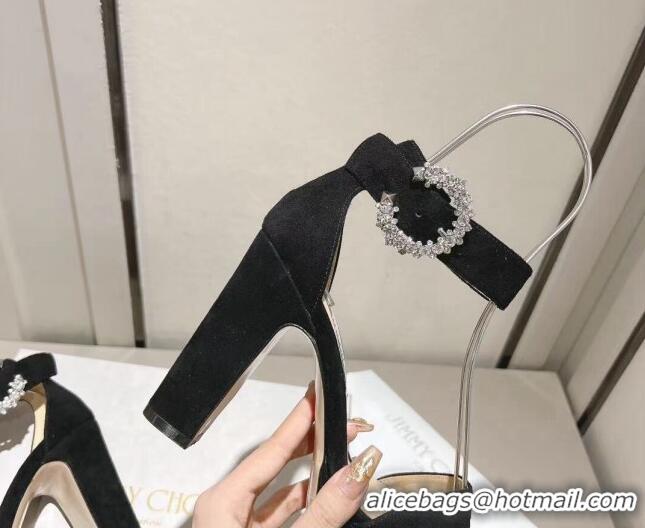 Popular Style Jimmy Choo Suede Platform Sandals 11cm with Crystal Buckle Black 704040