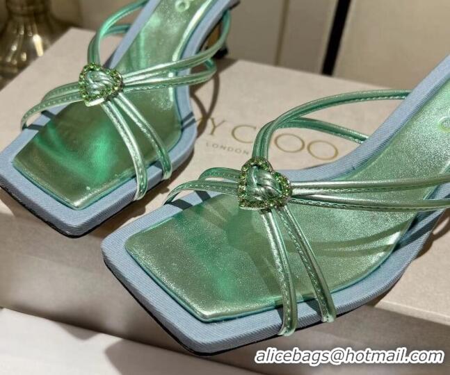 Good Quality Jimmy Choo Indiya Heel Slide Sandals 7cm in Nappa Leather Smoke Green 704047