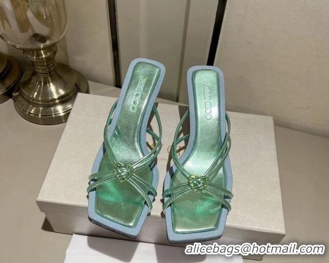 Good Quality Jimmy Choo Indiya Heel Slide Sandals 7cm in Nappa Leather Smoke Green 704047