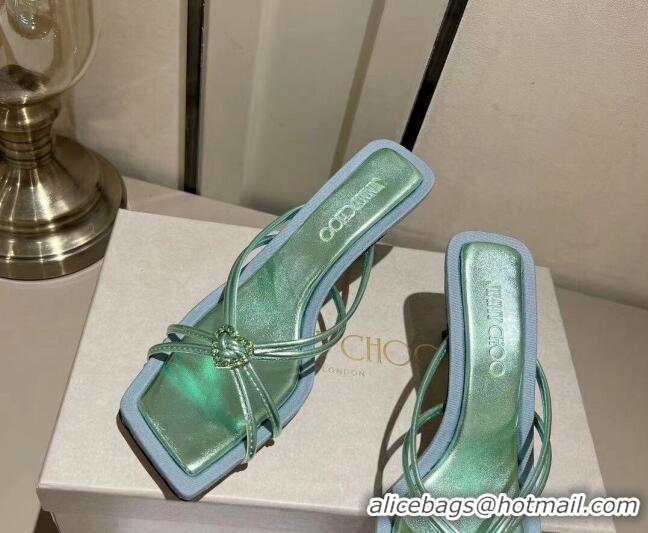 Good Quality Jimmy Choo Indiya Heel Slide Sandals 7cm in Nappa Leather Smoke Green 704047