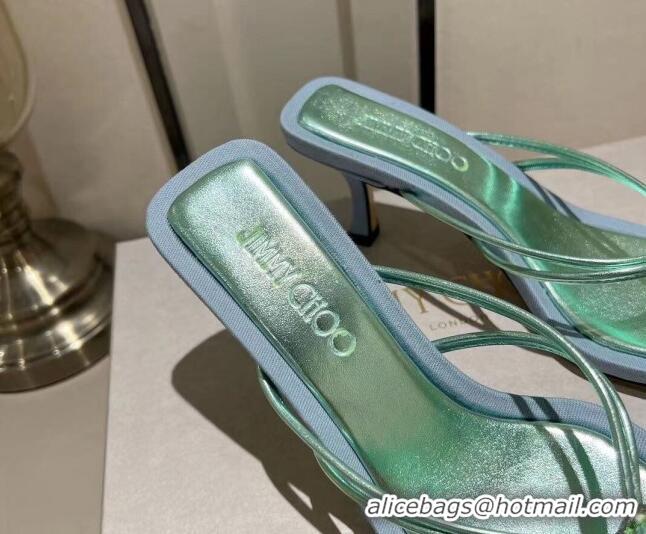 Good Quality Jimmy Choo Indiya Heel Slide Sandals 7cm in Nappa Leather Smoke Green 704047