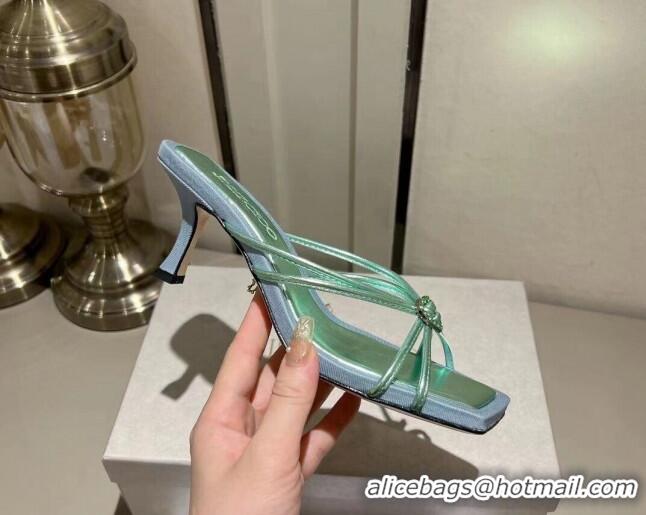 Good Quality Jimmy Choo Indiya Heel Slide Sandals 7cm in Nappa Leather Smoke Green 704047