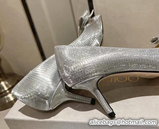 Discount Jimmy Choo Love Pumps in Diamond-Glitter Fabric with Bow Silver 0718039