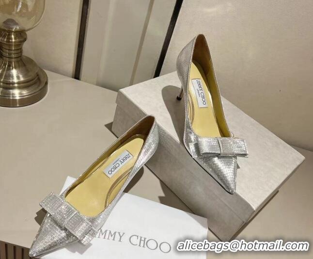 Discount Jimmy Choo Love Pumps in Diamond-Glitter Fabric with Bow Silver 0718039