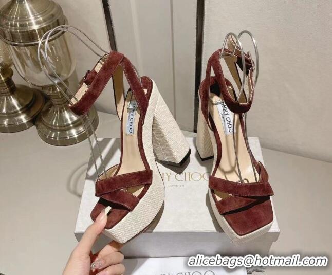 Good Quality Jimmy Choo Gaia Suede High Heel Platform Sandals 14cm with Knit Block heel Brown 728001