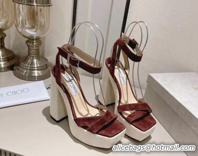 Good Quality Jimmy Choo Gaia Suede High Heel Platform Sandals 14cm with Knit Block heel Brown 728001