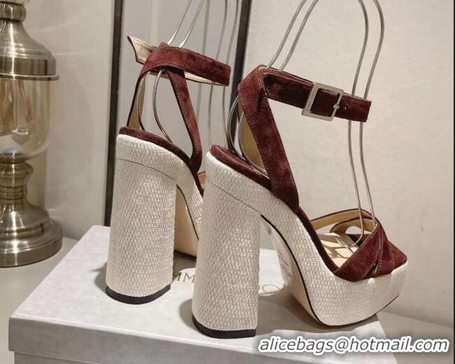 Good Quality Jimmy Choo Gaia Suede High Heel Platform Sandals 14cm with Knit Block heel Brown 728001