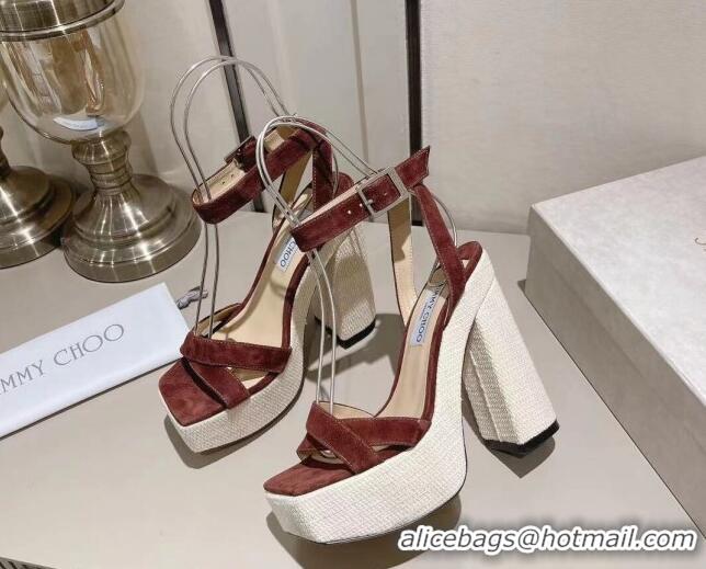 Good Quality Jimmy Choo Gaia Suede High Heel Platform Sandals 14cm with Knit Block heel Brown 728001