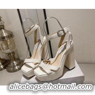 Top Design Jimmy Choo Gaia High Heel Platform Sandals 14cm with Knit Block heel in Calfskin White 728003