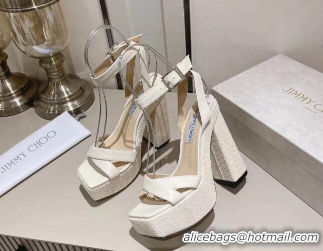 Top Design Jimmy Choo Gaia High Heel Platform Sandals 14cm with Knit Block heel in Calfskin White 728003