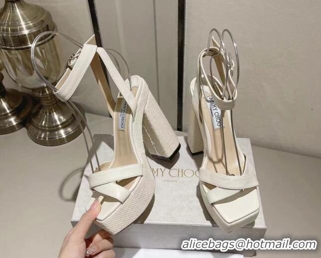 Top Design Jimmy Choo Gaia High Heel Platform Sandals 14cm with Knit Block heel in Calfskin White 728003