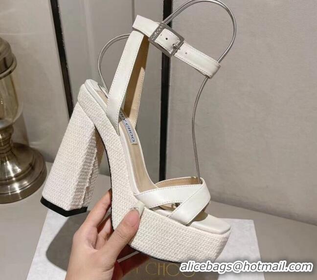 Top Design Jimmy Choo Gaia High Heel Platform Sandals 14cm with Knit Block heel in Calfskin White 728003