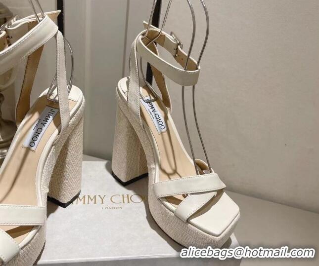 Top Design Jimmy Choo Gaia High Heel Platform Sandals 14cm with Knit Block heel in Calfskin White 728003