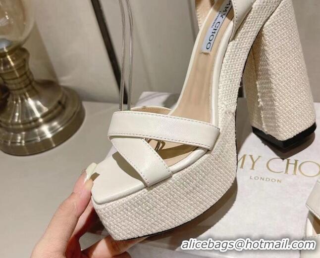 Top Design Jimmy Choo Gaia High Heel Platform Sandals 14cm with Knit Block heel in Calfskin White 728003