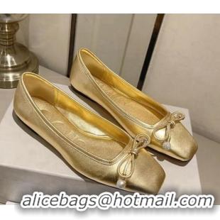 Stylish Jimmy Choo Elme Ballet Flat in Nappa Leather with Pearl Bow Gold 728004