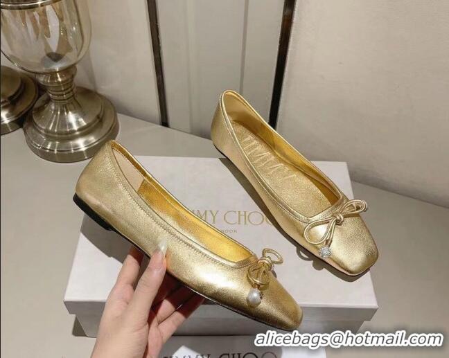 Stylish Jimmy Choo Elme Ballet Flat in Nappa Leather with Pearl Bow Gold 728004