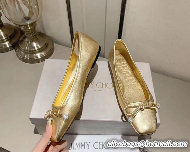 Stylish Jimmy Choo Elme Ballet Flat in Nappa Leather with Pearl Bow Gold 728004