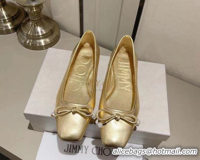 Stylish Jimmy Choo Elme Ballet Flat in Nappa Leather with Pearl Bow Gold 728004