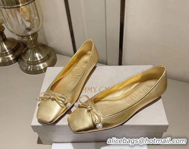 Stylish Jimmy Choo Elme Ballet Flat in Nappa Leather with Pearl Bow Gold 728004