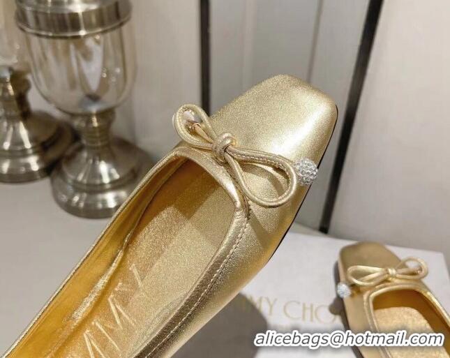 Stylish Jimmy Choo Elme Ballet Flat in Nappa Leather with Pearl Bow Gold 728004