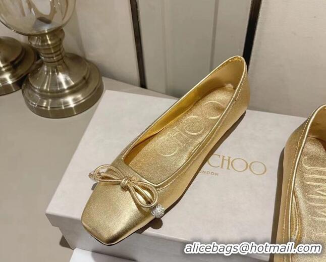 Stylish Jimmy Choo Elme Ballet Flat in Nappa Leather with Pearl Bow Gold 728004