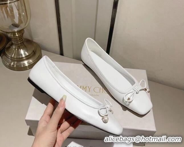 Good Quality Jimmy Choo Elme Ballet Flat in Nappa Leather with Pearl Bow White 728006