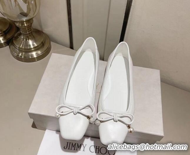 Good Quality Jimmy Choo Elme Ballet Flat in Nappa Leather with Pearl Bow White 728006