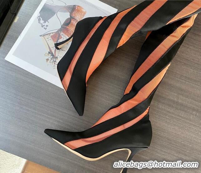 Shop Duplicate Jimmy Choo Mugler Fabric and Mesh Heel Knee-High Boots 10.5cm Black/Orange 821121