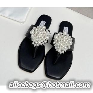 Perfect Jimmy Choo Straw Flat Thong Slide Sandals with Pearls Black 915049