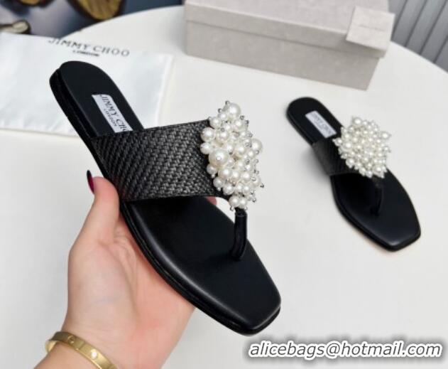 Perfect Jimmy Choo Straw Flat Thong Slide Sandals with Pearls Black 915049