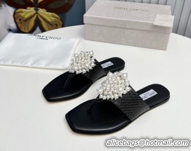 Perfect Jimmy Choo Straw Flat Thong Slide Sandals with Pearls Black 915049